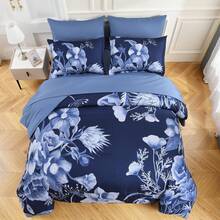7 Pieces Purple Floral Comforter Sets Full Queen King Bed In A Bag,Elegant Flower Comforter With Sheet Set, Soft Microfiber Bedding Set For Wedding Items,Valentines Day Home Bed Room Decor,Mothers Day Gift,All Season - 藏蓝色 - 查看 3