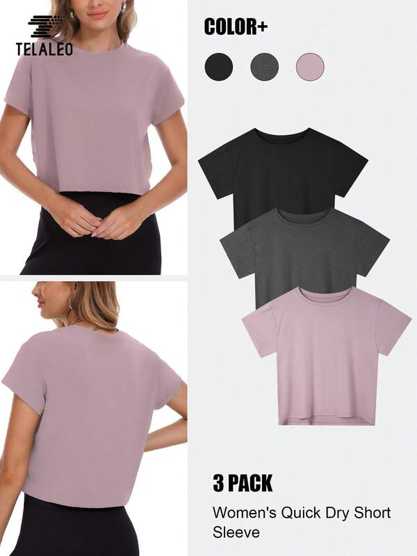TELALEO 3 Packs Women's Crop Top Short Sleeve Athletic Workout Yoga Running Gym Casual Tees T-Shirts Loose Fit