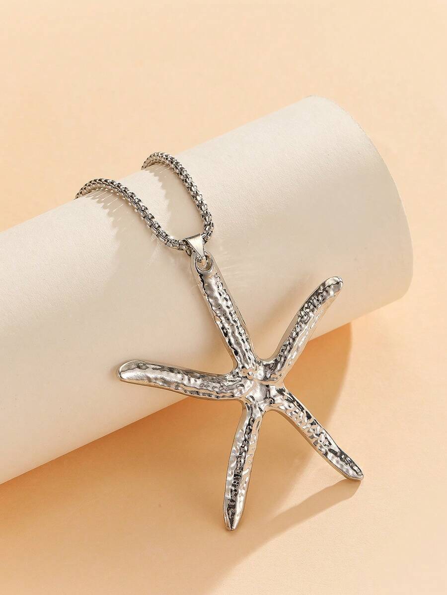1pc Silver Starfish Pendant Metal Necklace