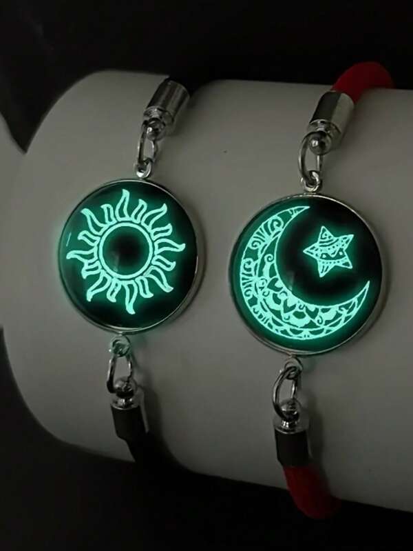 Set de 2 piezas Brazaletes con Charm de sol, luna y estrella que brillan en la oscuridad, estilo bohemio, con cuerda de nailon con incrustaciones de vidrio, regalo de joyas para parejas, adecuado para fiestas, festivales de música, Halloween/Navidad, Acción de Gracias, uso durante todo el año.