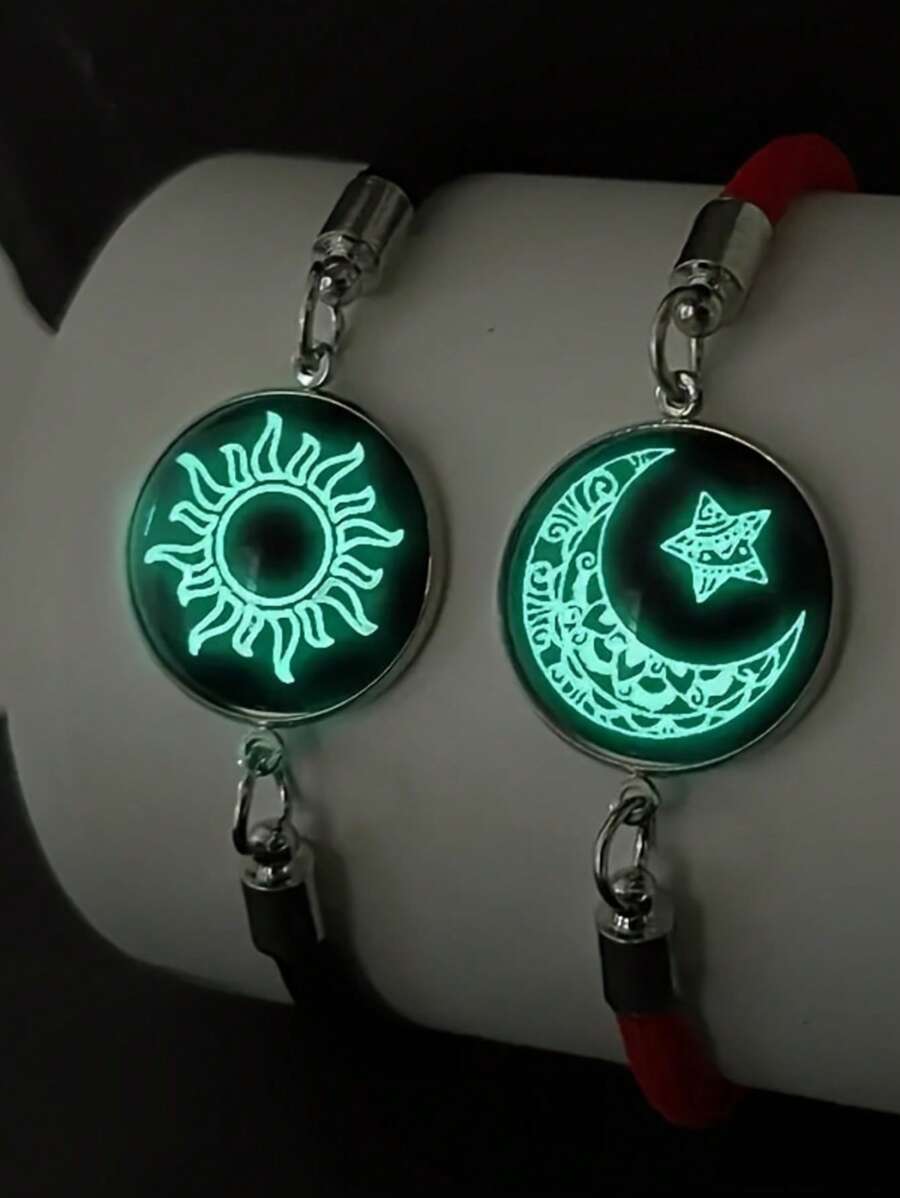 2pcs/Set Bohemian Style Glow In The Dark Sun, Moon & Star Charm Bracelets, Glass Inlaid Nylon Rope, Fashion Couples Jewelry Gift Set, Suitable For Party, Music Festival, Halloween/Christmas, Thanksgiving, Year-Round Wear