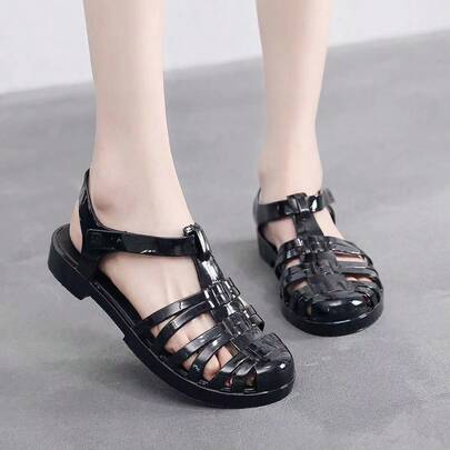 女士夏季镂空凉鞋，平底水晶果冻沙滩鞋，罗马风格，适合海滩、户外和雨天