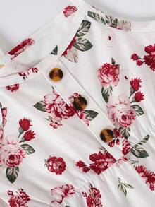 3pcs Girls Solid Color Ribbed Floral Print Camisole & Shorts Set, Fashion - Burgundy - View 6
