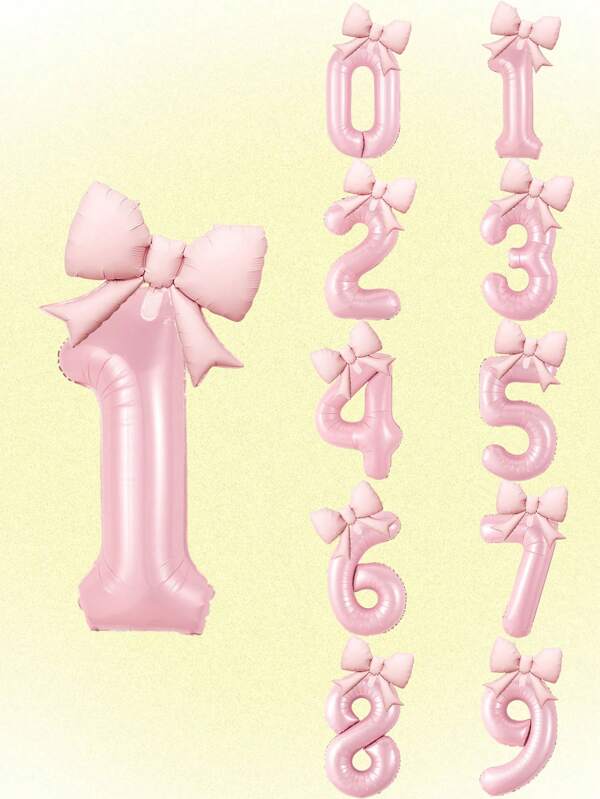 2pcs Matte Pink Bow Balloon Set, 40-Inch Pink Number Balloon For Birthday Party, Anniversary Decoration