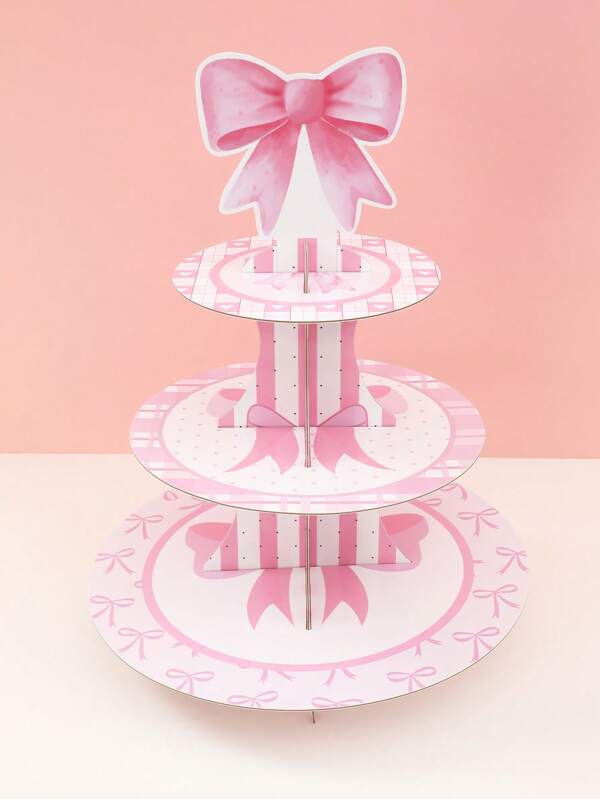 1Set 3 Tiers Pink Bow Cupcake Cake Stand, Pink Theme Party Decoration,Princess Birthday Party Decor Cardboard Cupcake Stand Holder,Cupcake Tower Dessert Holder, Birthday Party BabyShower Party Display Supplies,Table Decor
