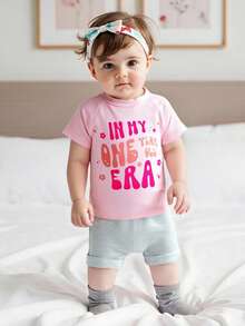 Baby Girl 1st Birthday Outfit Letter Print Short Sleeve Round Neck Tops With Solid Color Shorts 2Pcs Set - 粉色 - 查看 2
