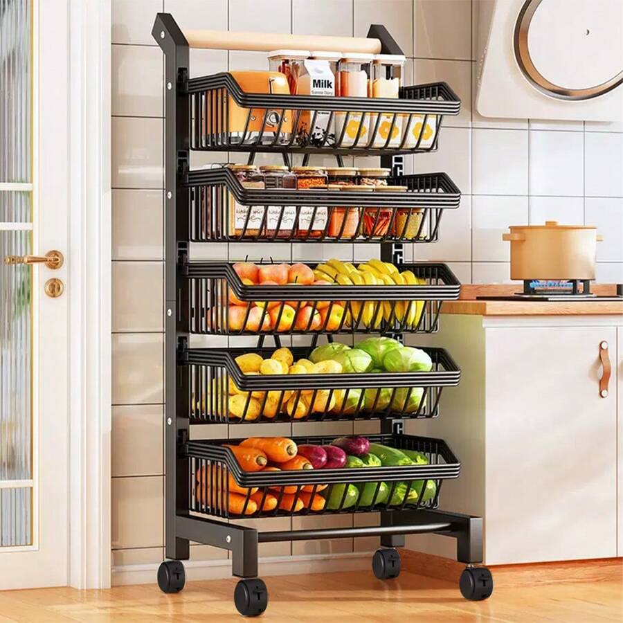 Living And Home 5-Shelf Kitchen Cart - Movable Storage Trolley With Wheels (42cm W Black)