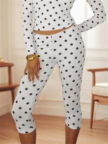 Women Dot Print Capris Lace Trim Low Rise Leggings Slim Fit Cropped Pants For Summer