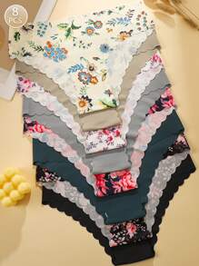 Pachet de 8 bucăți Chiloți triunghi pentru femei, fără sudură, cu margini ondulate, cu imprimeu floral, lenjerie de corp moale și netedă