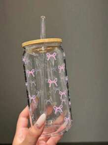 1 Pc Glass Cup Pink Bow 550ml ,Coffee Cup With Sealed Bamboo Lid And Straw, Christmas,Summer, Halloween,Suitable For Office And School, For Coffee, Tea, Beer, Juice, Hot And Cold Drinks, Smoothies, Etc,Reusable, Thermal Insulation, Used For Parties, Gatherings, Festivals, Thanksgiving,Teachers' Day, Holiday Gifts, A Gift For Mom, Lovers, Boyfriends And Girlfriends,Best Friend, Bride.