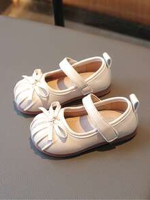 1 Pair Plain Mary Jane Flats With Bow & Flower Design For Girls - Beige - View 4