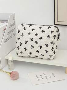 1 Black & White Color Matching Cosmetic Bag With Bow Pattern, Multifunctional Makeup Storage Bag