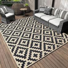 Tapis d'extérieur imperméable 9x12 pi, tapis de patio réversible en paille plastique pour le camping, le camping-car, l'intérieur et l'extérieur, le porche, le pont, l'arrière-cour, le camping-car, le balcon, le pique-nique, noir et beige