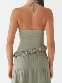 Women's Summer Casual 2 Piece Skirt Outfits Halter Neck Ruffle Trim Tops Long Flowy Skirt Set - 綠色 - 查看 6