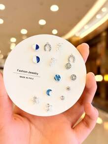 14pcs Elegant Mini Weekly Earring Set, Korean Style Versatile Rhinestone Ear Jewelry