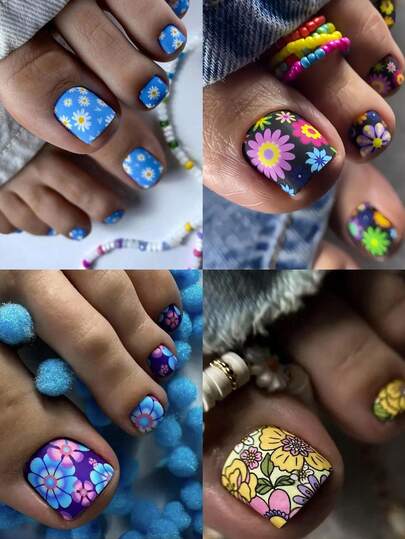 96pcs Adhesive Toe Nail Stickers, Colorful Floral Designs In Blue, Yellow, Purple, Black, Matte Finish Removable Toe Nail Decals, Fashionable Summer Toe Nail Art Set For Women And Girls, Suitable For Mother's Day