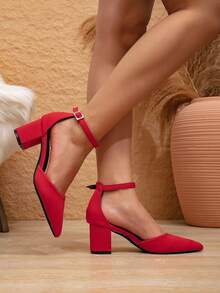 Women's Elegant Red High Block Heel Pointed Toe Shoes With Elastic Band, Rhinestone Decor And Buckle Closure, Spring/Autumn - Red - View 5