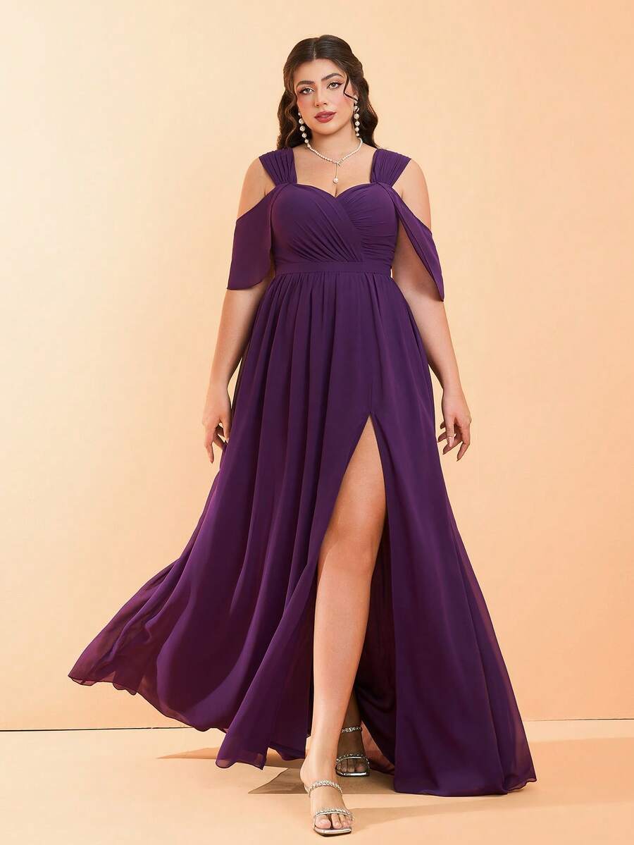 Plus Size Mgiacy Sweetheart Neck Faux Pearl Chiffon Ruffle Short Sleeve Front Slit High-End Evening Dress, Bridesmaid Dress - Purple - View 1