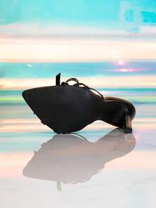 Women's High Heel Sandals For Summer, Vacation, Music Festival, Party - Mule Slip-On Sandals With Bowknot, Pointed Toe, Leather Patchwork In Black & White - Black - View 7