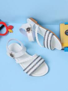1 Pair Summer Girls Woven Sandals, Casual Fashion Versatile, Flat Beach Strap Princess Shoes, Very Soft Material, Suitable For Daily, Vacation, Travel