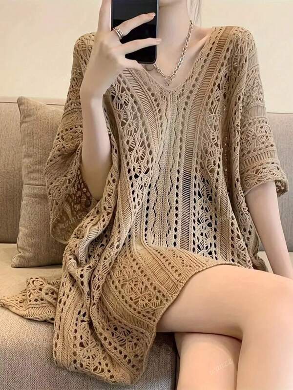 Suéter holgado de punto con escote en V y manga corta, de estilo europeo, para mujer joven de talla grande, en unicolor y con diseño calado, cómodo y casual