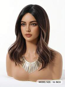 16 英寸优雅棕色合成假发，带刘海，深根渐变棕色波浪发，适合女士日常派对、角色扮演、度假旅行使用 - 漸層棕色 - 查看 3