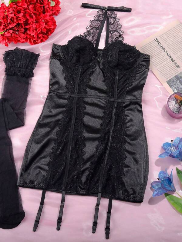 Lencería sexy para mujer, conjunto de pijama de encaje francés con tirantes en la espalda