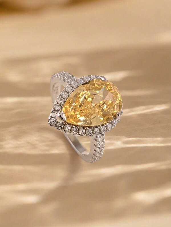 Stylever 1pc 925 Sterling Silver Yellow Drops Rhinestone Zirconia Ring Suitable For Women Match Daily Outfits Party Accessory Ladies High Quality Ring Fine Jewelry Gift
