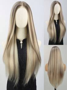 SALLYWELL Parrucca frontale senza colla con radice scura, parrucca frontale in pizzo biondo da 7x5 pollici, parrucca frontale in pizzo lunga dritta sintetica sfumata marrone mista da 66 cm con riga centrale profonda di 12,7 cm per donna
