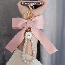 1pc Faux Pearl Beaded Bracelet, Keychain, Phone Lanyard, Cute Bowknot Keyring, Wallet Charm, Earphone Case Accessories, Women Daily Use, Gift