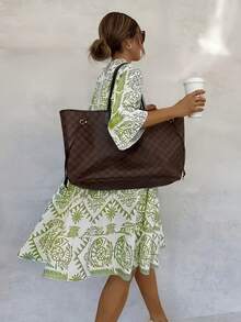 1pc Paisley Print Patchwork Bohemian Woven Dress With Buttons, For All Seasons - Green - View 4