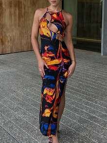 Dress Of Sexy Knitted Fabric, Open Back High Slit Up To Thigh With Tie, Suitable For Everyday Wear, Summer