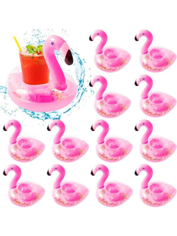 10pcs-Inflatable Flamingo Flash Cup Holder, Flamingo Drink Holder Coaster, Glitter Confetti Pink Flamingo, Pool Drink Floating Cup Holder, Suitable For Summer Pool, Beach Fun Hawaiian Party Supplies