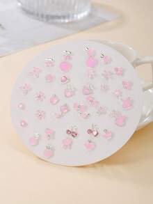 40pcs Cute CCB Earring Set Including Apple, Banana, Cherry, Leaf, Flower, Snowflake, Moon, Star, Cat Design, Suitable For Women's Daily Wear - Multicolor - View 12