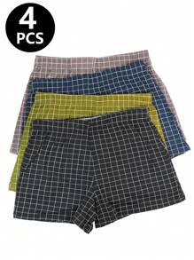 4 Stücke klassische karierte lose sitzende Loungewear Boxer Shorts, weiche & bequeme Herren Unterwäsche Shorts