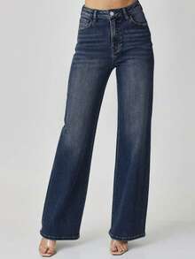 女式喇叭裤牛仔裤，带口袋，休闲百搭 - 深色水洗藍 - 查看 2