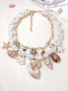 1pc Casual Luxury Boutique Style Ocean Vacation Starfish & Seashell Faux Pearl Layered Necklace, Versatile For Women - Exaggerated Necklace - View 1