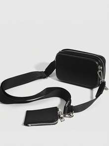 简约小号白色方形钱包，配有可拆卸宽肩带，斜挎包，适合毕业学校用品 - 黑色 - 查看 2