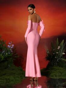 Love Aing Vestido de cóctel con espalda descubierta, manga larga, abertura lateral y aplicación floral 3D hecha a mano para mujer Love Aning, elegante para baile de graduación, gala, boda semi-formal, adecuado para cumpleaños, graduación, cena, regreso a casa, vestido de noche