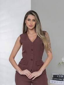 Plain Elegant Vest And Dress Pants Set C3302 - 酒紅色 - 查看 5