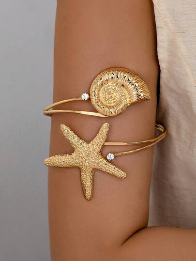 1pc Gold Seashell & Starfish Decor Arm Cuff, Summer Beach Vacation Style Arm Jewelry