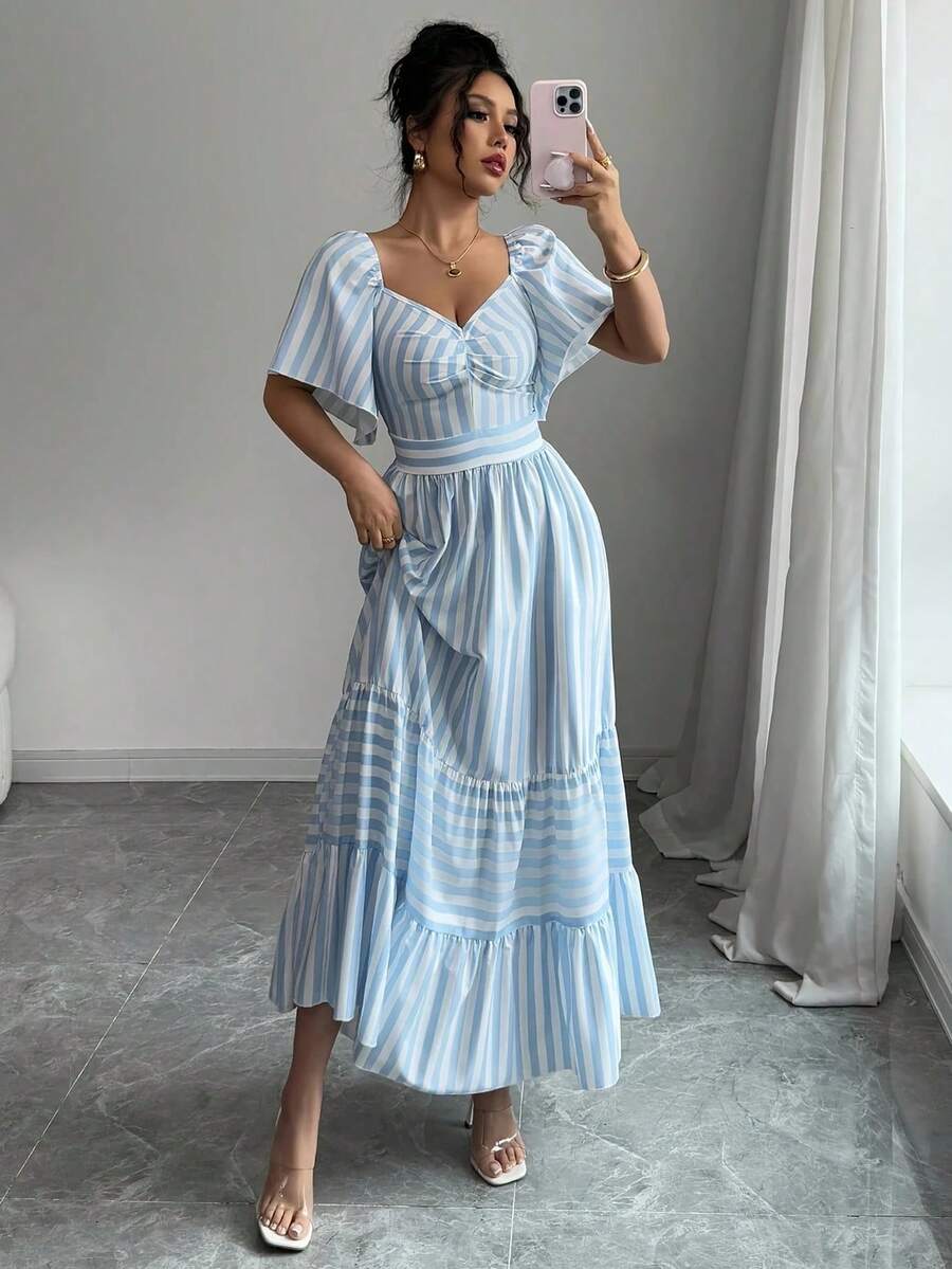 优雅蓝白条纹 V 领中长连衣裙，带荷叶边下摆，时尚 A 字春夏连衣裙，女款，涤纶面料，可机洗