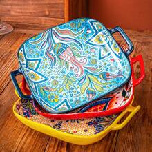 1pc Bohemian Style Ceramic Salad Plate With Dual Handles, Oven & Microwave Friendly Baking Dish For Pasta, Colorful Floral Design Tableware