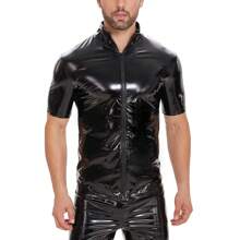 Men Glossy PU Leather Short-Sleeved Shirt Erotic Shaping Sheath Casual Coat Male Shiny Metallic Leather Tops Sexi