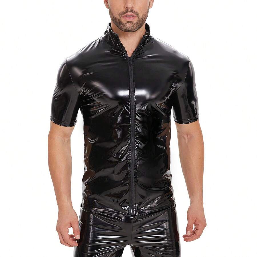 Men Glossy PU Leather Short-Sleeved Shirt Erotic Shaping Sheath Casual Coat Male Shiny Metallic Leather Tops Sexi