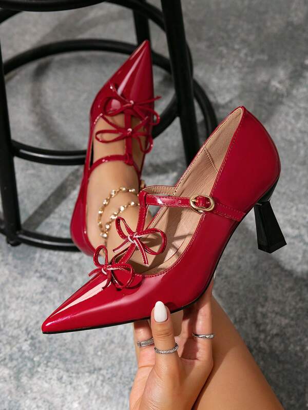 Burgundy Cute Butterfly Pointed Toe Buckle Strap Glossy Leather High Heel Pumps, Versatile Elegant Style, Spring/Autumn