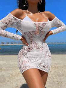 Sexy Lingerie For Women Fishnet Mini Dress One Piece Babydoll Nightwear, Sexy Cover Up, Hollow Out, Fishnet, Off Shoulder Dress