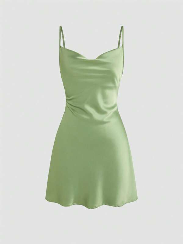 Satin Cowl Neck Ruched Butterfly Mini Dress