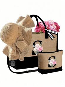 3件套女士沙滩手提包，配有肩带、沙滩帽和化妆包，个性化沙滩配件包，带侧袋，字母A-Z - 卡其色 - 查看 27