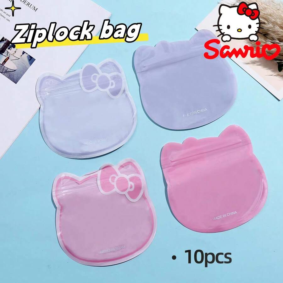 Sanrio 10Pcs Sanrio Hello Kitty Ziplock Bag Cute Cartoon Jewelry Cosmetics Transparent Packaging Sealed Bag Pet Nail Art Packaging Wholesale
